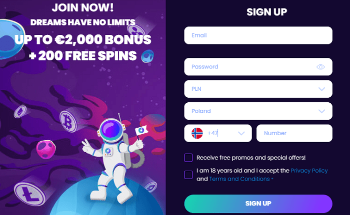 Sign Up Form and Welcome Bonus with Free Spins 