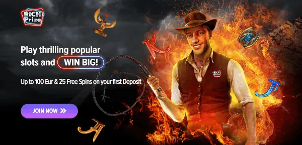 100% welcome bonus (up to 100 EUR) and 25 free spins on first deposit