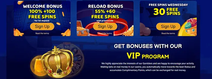 Welcome Bonus, Reload Bonus, Free Spins, VIP 