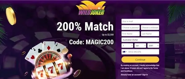 WildJoker.com 200% bonus and free bonus codes